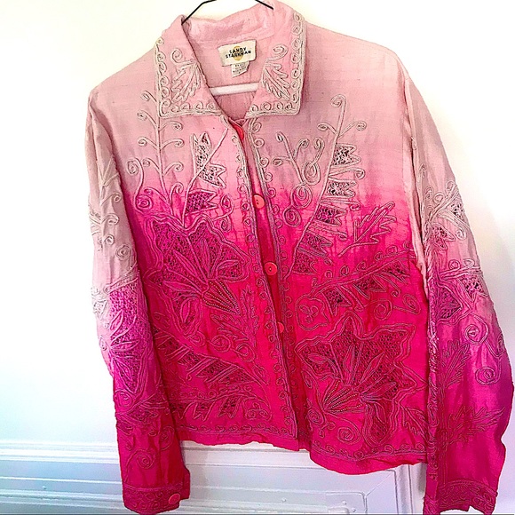 Sandy Starkman Silk Embroidered Beaded Jacket Pink L - Picture 2 of 13